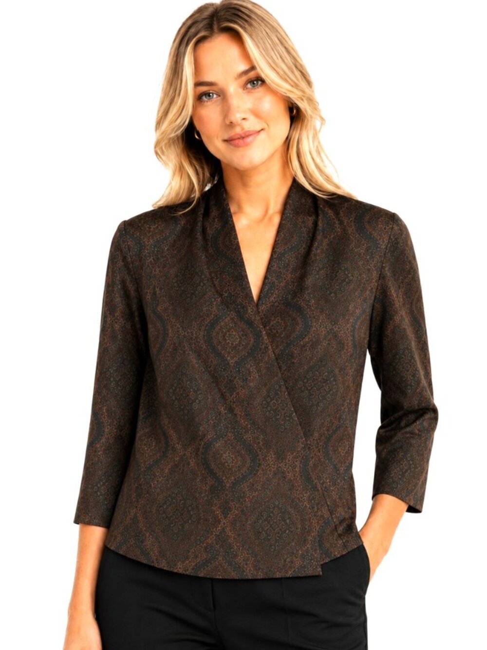 Vintage Gillian Brown Paisley Silk Surplice Wrap Blouse